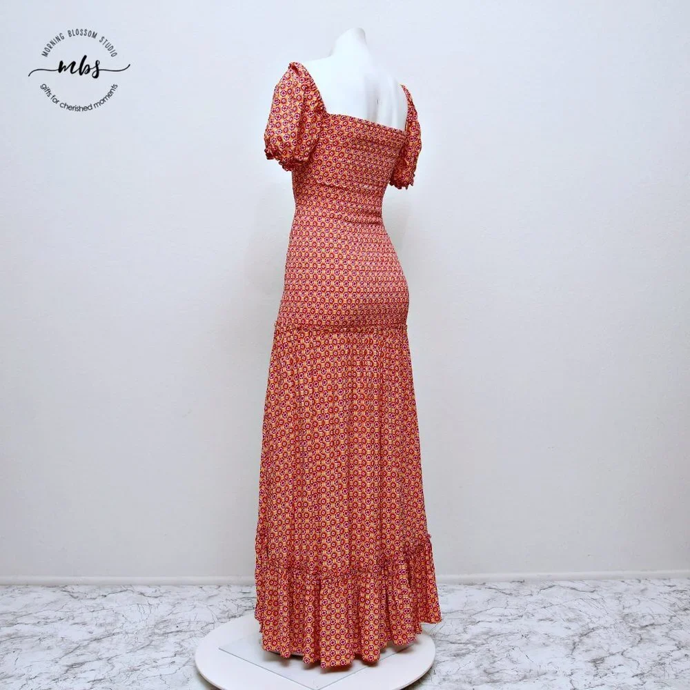 L*SPACE Simone Floral Square‎ Neck Short Sleeve Smocked High Low Maxi Dress - Picture 8 of 16